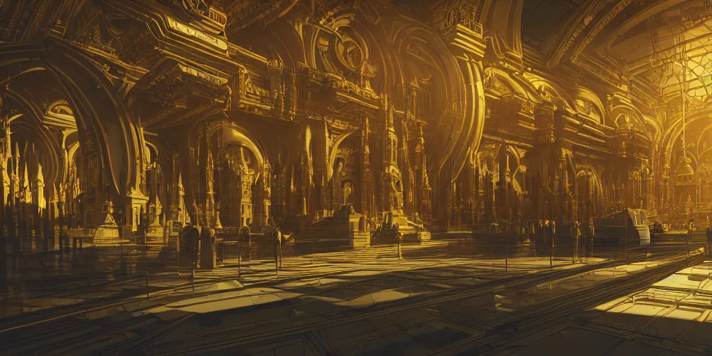 Prompt: cel shaded cinematic shot of the interior of a sci-fi space station with ornate architecture with a giant golden statue in the middle, bustling with people and flying cars, epic castle, gothic architecture, emerald, crystalline, detailed illustration, sharp focus, concept art, unreal engine, octane render, god rays