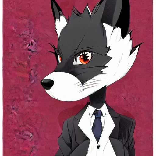 Prompt: key anime visual professional art of a close shot of an anthropomorphic black male fox anthro fursona, wearing a pomegrante colored business suit, handsome male eyes, anime office interior, official anime still