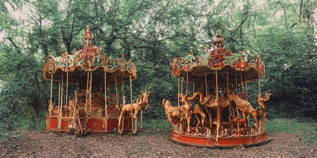 Prompt: an abandoned secret carousel with elaborately intricate carved wooden figures of animals, beachwood treehouse, discovered in a secret garden, hedgemaze, photo taken on fujifilm superia film, 3 5 mm