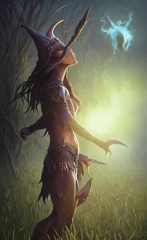 Image similar to medium shot of dark elf witch in field, sunny, highly detailed, d & d, fantasy, highly detailed, digital painting, trending on artstation, concept art, sharp focus, illustration, global illumination, ray tracing, realistic shaded, art by artgerm and greg rutkowski and fuji choko and viktoria gavrilenko and hoang lap