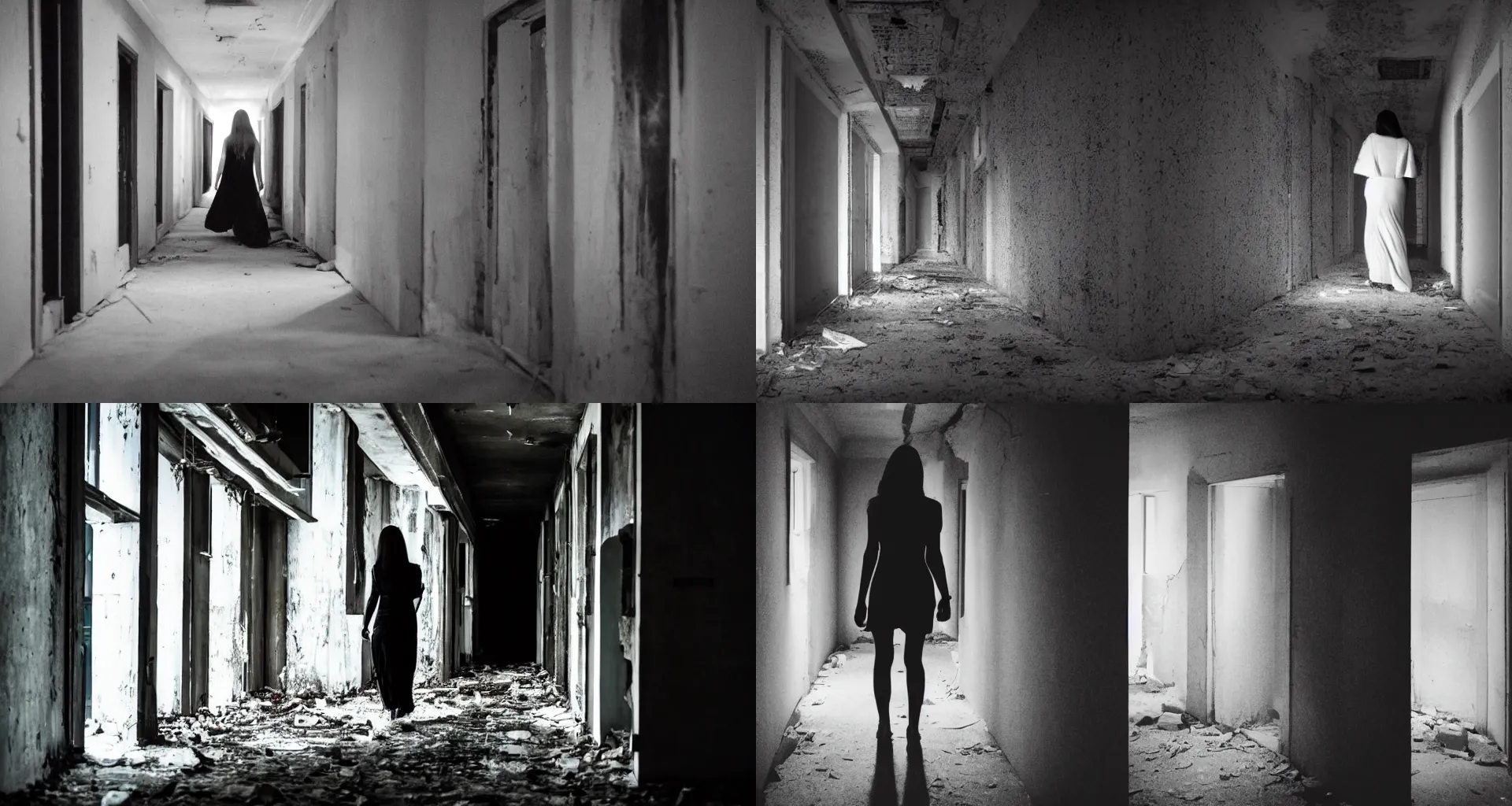 Prompt: Midnight, dark Live Action Still of a woman in white is walking dark hallway in abandoned building at midnight, dark place, deep shadow, Close up, Front view, film still