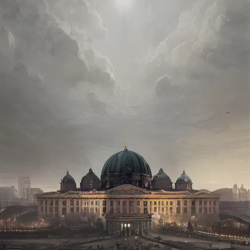 Prompt: giant volkshalle building, berlin 1 9 4 5, matte painting by greg rutkowski, artstation