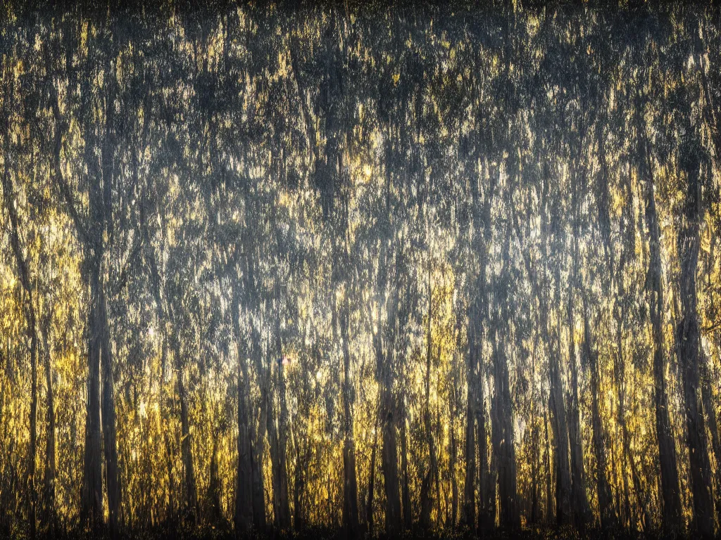 Image similar to double exposure photograph of tens of eucalyptus trees, flash exposure, autumn, in the style of edward steichen and pollock, sony ar 7 ii