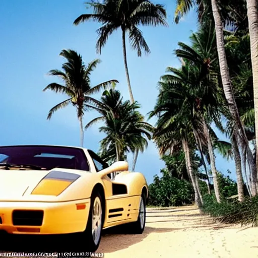 Image similar to a photograph of a stunning blonde woman, sat next day a man with brown hair in a Ferrari Testarossa on a road next to a white sand beach with palm trees