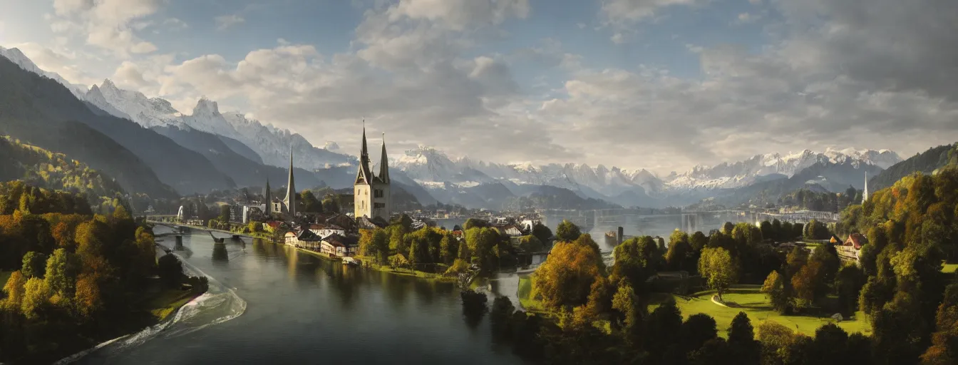 Image similar to Photo of Zurich, looking down the river at the lake and the alps, Hardturm, Grossmünster, wide angle, trees, volumetric light, hyperdetailed, caribean water, artstation, cgsociety, 8k