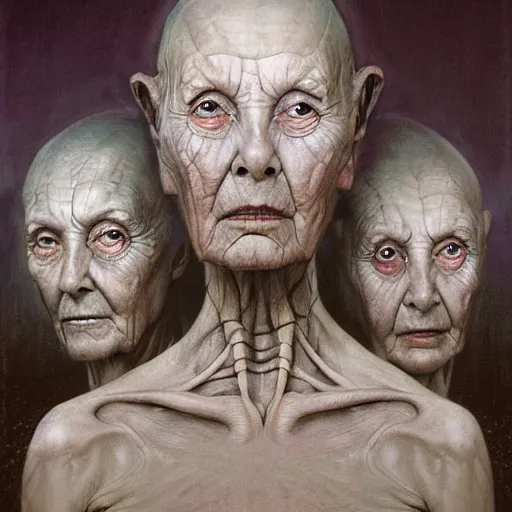 Prompt: hyperrealist portrait of an ancient old alien woman with three heads standing in a vast empty space with mounds of clay here and there by beksinski and jeremy mann and alphonse mucha and stan lee, fantasy art, photo realistic, dynamic lighting, artstation, poster, volumetric lighting, very detailed faces, award winning, full face, symmetry
