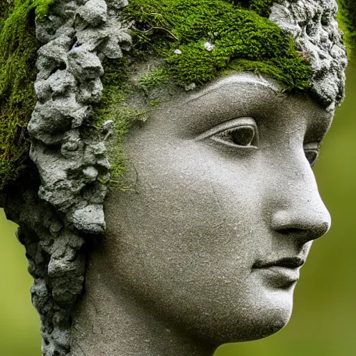 Image similar to a sculpture of a beautiful woman's head as an intricate, delicate tracery of stone, forming a beautiful ancient monument, slowly being covered by moss and lichen