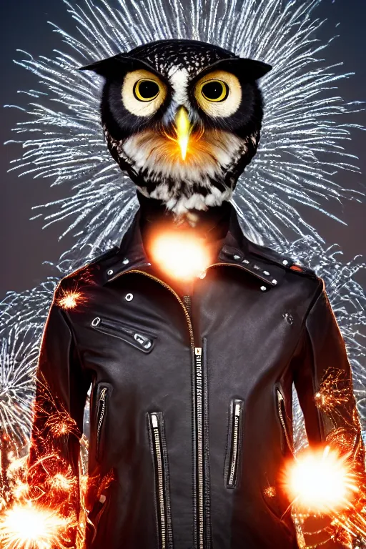 Prompt: front of owl wearing biker jacket, portrait photo, full body, backlit, studio photo, golden ratio, fireworks in background