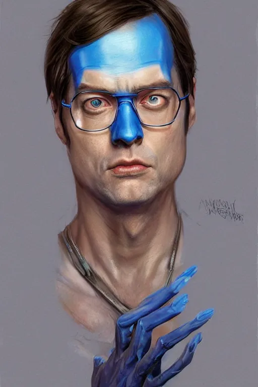 Image similar to Dwight Shrute as blue man. digital painting, artstation, concept art, smooth, sharp focus, illustration, art by artgerm and donato giancola and Joseph Christian Leyendecker, Ross Tran, WLOP