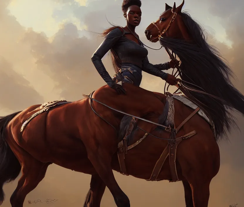 Prompt: full body portrait of beautiful black woman on horseback, striding clydesdale, cinematic, highly detailed, digital painting, artstation, concept art, smooth, sharp focus, illustration, face by wlop, illustrated by mars ravelo and greg rutkowski