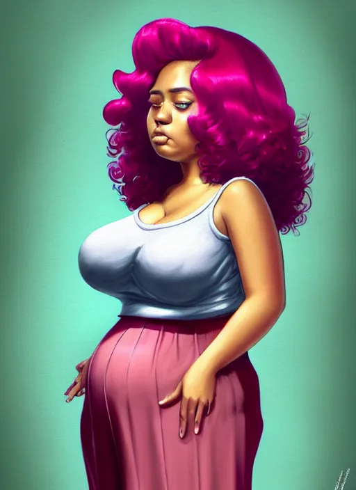 Image similar to full body portrait, teenage vanessa morgan, pink hair, dark skin, obese, curly pixie hair, sultry, realistic, short hair, hoop earrings, skirt, shirt, fat, belly, intricate, elegant, highly detailed, digital painting, artstation, concept art, smooth, sharp focus, illustration, art by wlop, mars ravelo and greg rutkowski