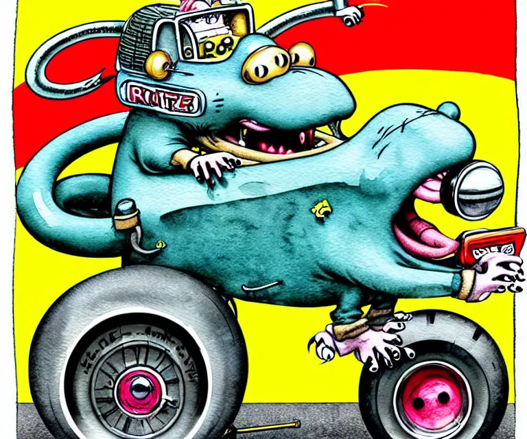 Prompt: cute and funny, rat, wearing a helmet, driving a hotrod, oversized enginee, ratfink style by ed roth, centered award winning watercolor pen illustration, isometric illustration by chihiro iwasaki, the artwork of r. crumb and his cheap suit, cult - classic - comic,