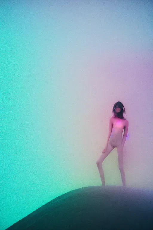 Image similar to high quality pastel coloured film close up wide angle photograph of a model wearing clothing swimming on cloud furniture in a icelandic black rock!! environment in a partially haze filled dreamstate world. three point light, rainbow. photographic production. art directed. pastel colours. volumetric clouds. pastel gradient overlay. waves glitch artefacts. extreme facial clarity. 8 k. filmic.