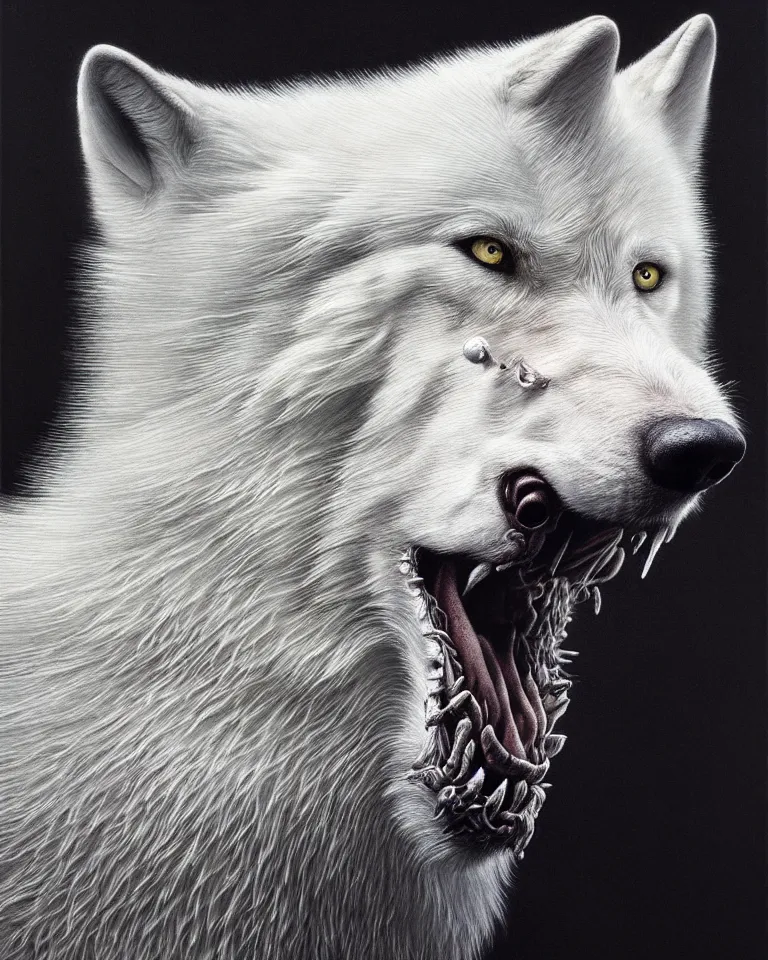 Image similar to ultra realist intricate detailed portrait of a white wolf that growls, insanity, accurate features, apocalyptic, very intricate details, 8 k resolution, dim lighting, volumetric lighting, artstyle, zdzisław beksinski and keith thompson, award winning