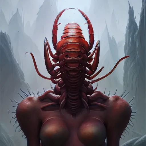 Prompt: professional ominous concept art portrait of a lobster - human chimera character by artgerm and greg rutkowski. an intricate, elegant, highly detailed digital painting, concept art, smooth, sharp focus, illustration, in the style of simon stalenhag, wayne barlowe, and igor kieryluk.