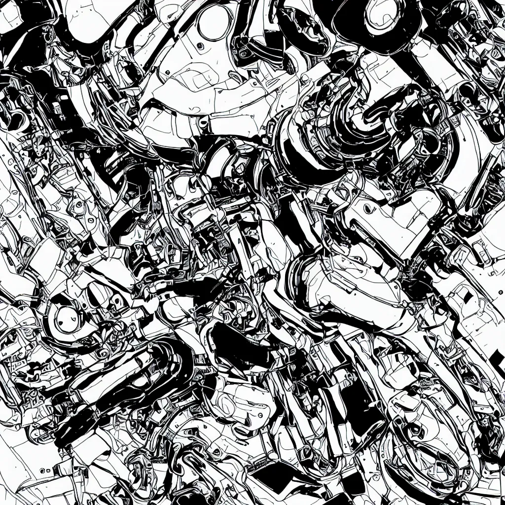 Image similar to a hard surface ultradetailed mechanical robot in middle of nature black and white comic book style