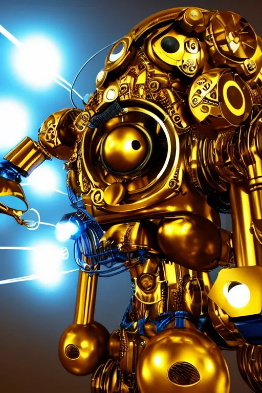 Image similar to portrait photo of a giant huge golden and blue metal humanoid steampunk robot, television camera on the shoulder, with gears and tubes, eyes are glowing red lightbulbs, shiny crisp finish, 3 d render, 8 k, insaneley detailed, fluorescent colors, background is multicolored lasershow