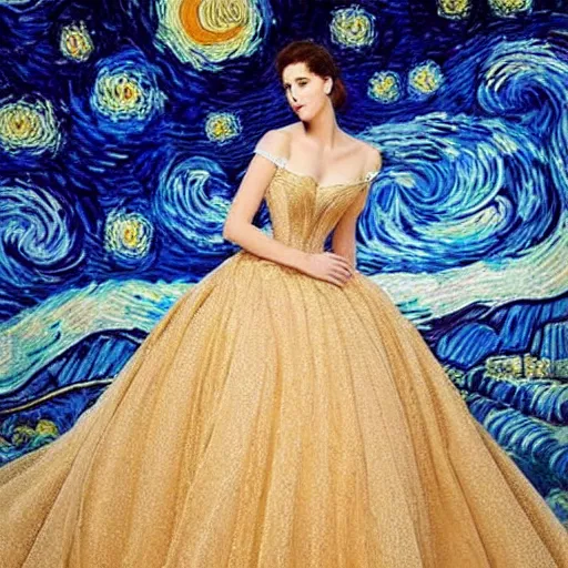 Image similar to Stunning photograph of a magnificent and ethereal ball gown inspired by Van Gogh's Starry Night. Studio lighting