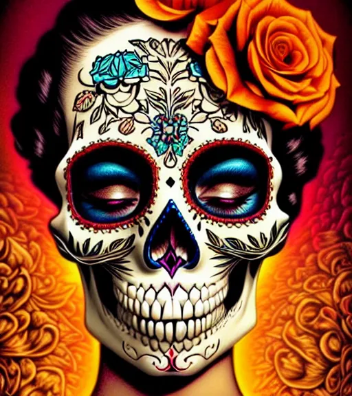 Prompt: a gorgeous fancy skull lady by dan mumford and gil elvgren, sugar skull, hyperrealism, intricate details, exceptional beauty, fool, vector art, attractive, striking, lovely