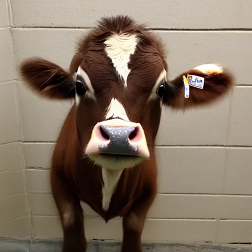 Image similar to mugshot of a cute calf dressed as an inmate inside a jailcell