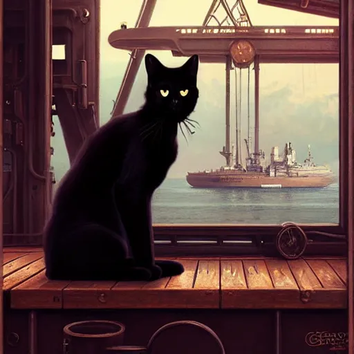 Prompt: beautiful black cat sitting on ship deck, naval background, fantasy, highly detailed, digital painting, artstation, concept art, smooth, sharp focus, illustration, art by artgerm and greg rutkowski and alphonse mucha