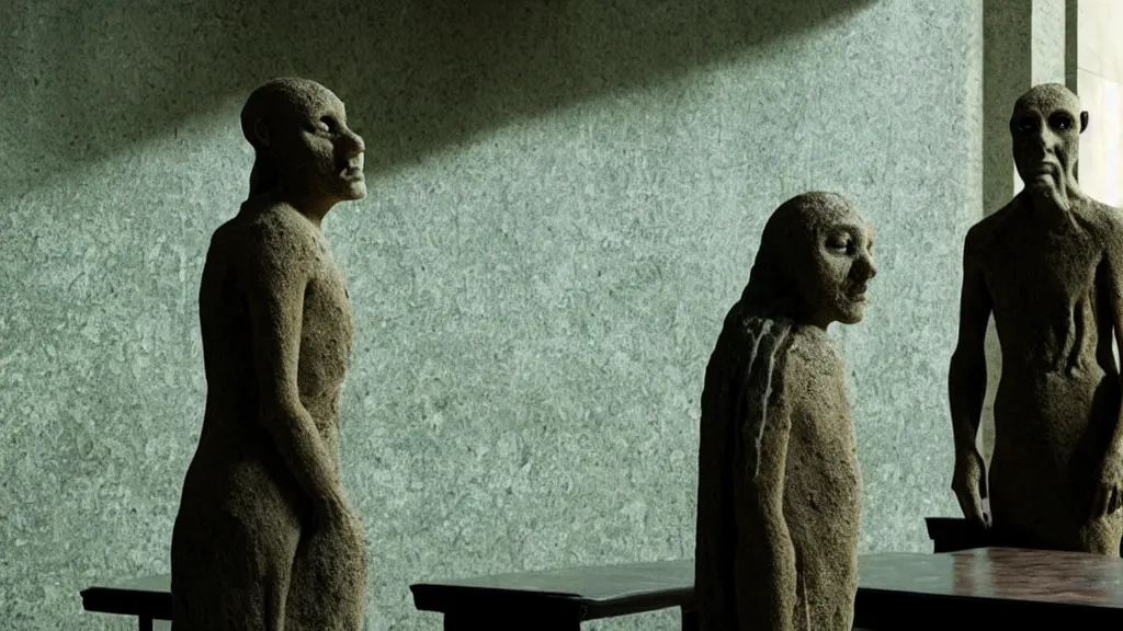 Image similar to the strange creature in court, made of stone and water, film still from the movie directed by Denis Villeneuve with art direction by Salvador Dalí,