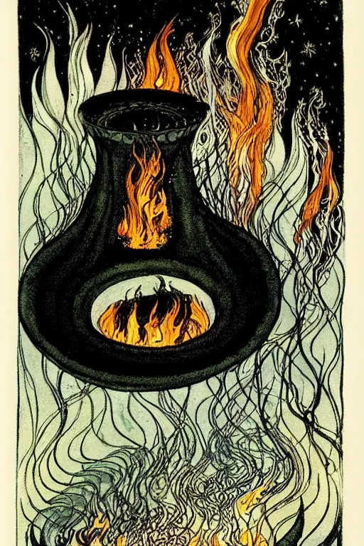 Prompt: a black witch's cauldron over a burning fire against a snowy night, detailed art by kay nielsen and walter crane, illustration style, watercolor