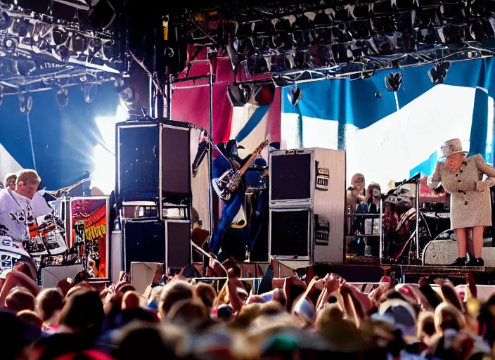 Image similar to photo still of queen elizabeth on stage at vans warped tour!!!!!!!! at age 7 0 years old 7 0 years of age!!!!!!! shredding a guitar on stage, 8 k, 8 5 mm f 1. 8, studio lighting, rim light, right side key light