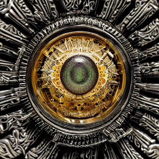 Prompt: a macro photo of a gold and silver mechanical eye, close - up, large intricate iris with gears and filaments, intricate gears and lenses, intricately detailed engravings, intricately detailed markings, intricate textures, warm lighting, vivid colors, realistic octane render, hyper realistic render, volumetric shading, depth of field, raytracing, 8 k,