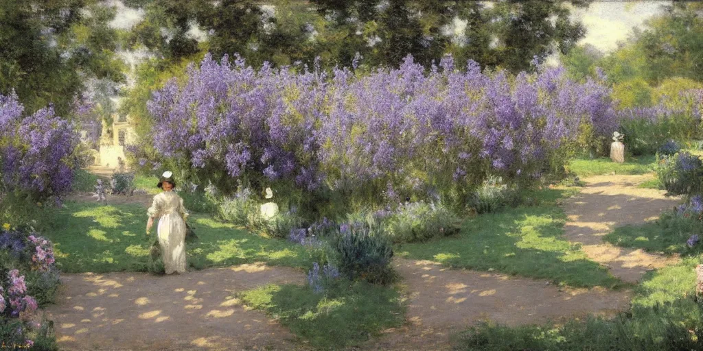 Image similar to enchanted garden, lavender and teal, pathway, flowers, high detail, very very very beautiful and realistic matte painting, naturalism, by Émile Friant,