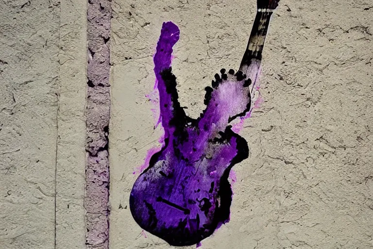 Prompt: dripping purple faded paint across the shape of a human playing guitar, realistic, extremely detailed, coming out of the ancient wall