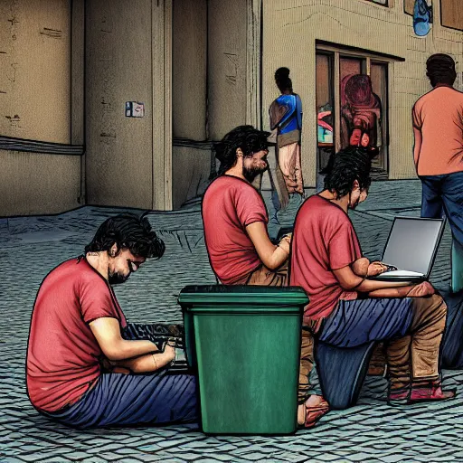 Image similar to a group of realistic bums using laptops near trashcans, angry, highly detailed, intricate, sharp focus, digital art, 8 k