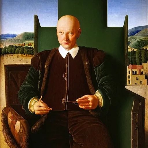 Image similar to a rich business man sitting in a big chair with a smirk, futuristic, by van eyck