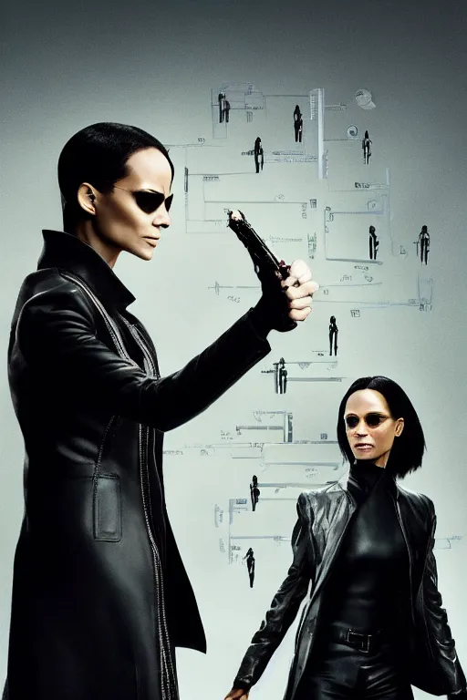 Prompt: a full body framed poster of the new matrix movie featuring ( zoe saldana and thandie newton ), wearing sun glasses and black leather trench coat, matrix symbols in the background, extremely detailed, extremely symmetrical facial features, no text, by kevin fiege 8 k