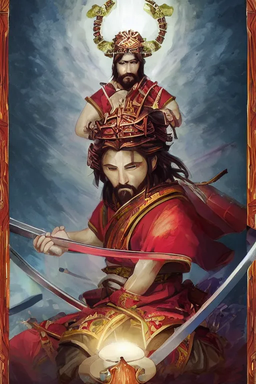 Image similar to A card with description and status of samurai Jesus Christ holding a Sacred Heart armor and katana, card game, card, trade card game, Artifact Dota2, by Stanley Artgerm Lau, WLOP, Rossdraws, James Jean, Andrei Riabovitchev, Marc Simonetti, Yoshitaka Amano, ArtStation, CGSociety,