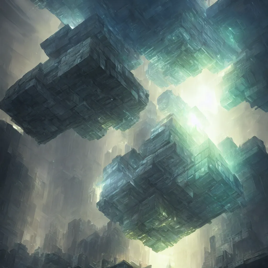 Prompt: giant dimensional cube absorbing energy from the city, concept art, digital painting, trending on artstation, deviantart, epic composition, extremely detailed, volumetric lighting, masterpiece