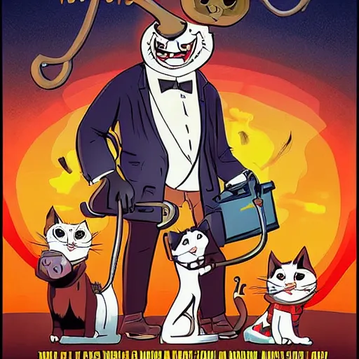 Prompt: Mr Cat and doctor dog, Terror movie poster, artwork by Cory Loftis