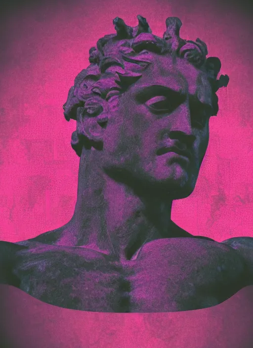 Image similar to black background, statue of hercules, ( ( ( skeleton ) ) ), grey, thin lines, dark, red and purple grid design elements, glitch art, neo vaporwave, gritty, movie poster, layout design, trending on artstation