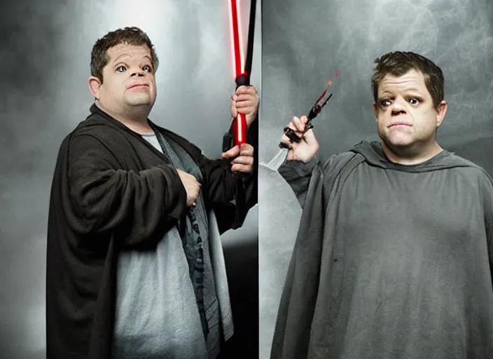 Prompt: Patton Oswalt as a Jedi fighting Darth Maul