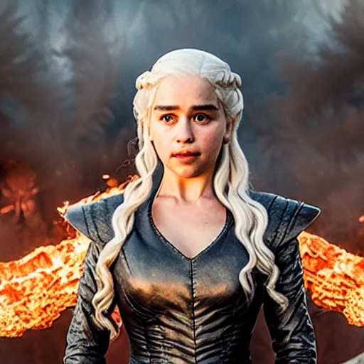 Prompt: Daenerys on a Harley Davidson that breathes fire