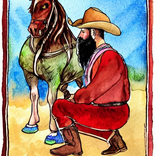 Image similar to bearded cowboy kneeling for prayer, persian folkore illustration, watercolor, wearing cowboy hat