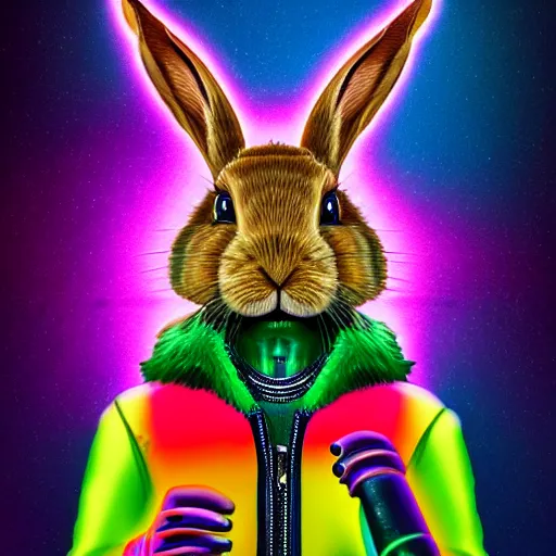 Prompt: portrait of rabbit with UV neon fur holding a machine gun , 8k, highly detailed, sharp, realistic, in style of Lisa Frank, Artstation, deviantart