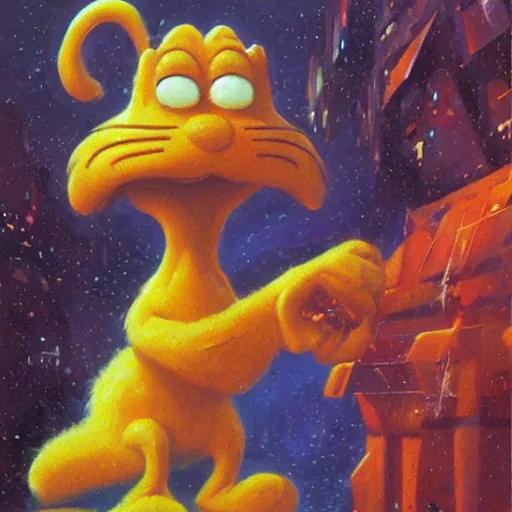 Image similar to a large anthropomorphic garfield by paul lehr and moebius