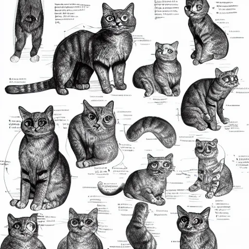 Image similar to anatomy of a cat with sketch drawings and arrows explaining each body part, da vinci notes, ultradetailed, anatomy study, artstation