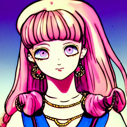 Image similar to beautiful pink little girl, profile picture, vintage fashion, highly detailed, reflection, 8 k, realistic artwork, hd, inspired by jojo bizarre adventure, 9 0 s anime art style