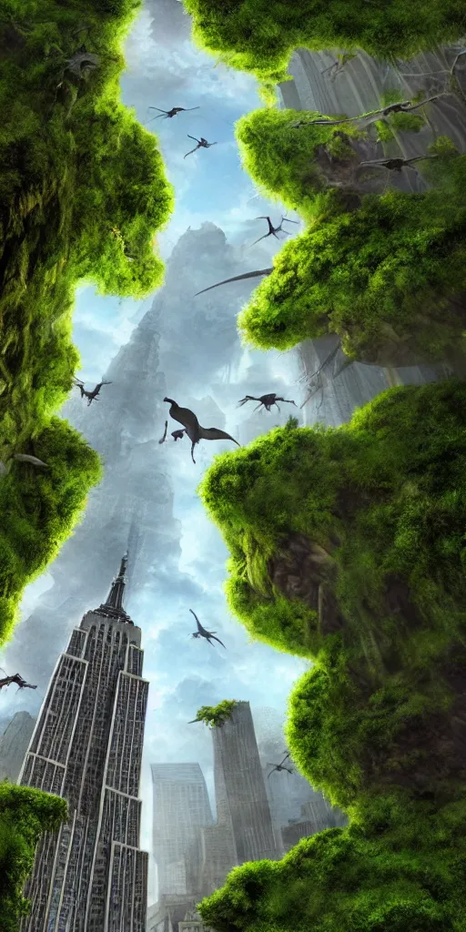 Prompt: an epic view of vines and moss growing on the empire state building, moss, jungle, with pterosaurs flying, close - up, low angle, wide angle, atmospheric, volumetric lighting, cinematic, 8 k, very realistic, highly detailed digital art, painted by tyler edlin