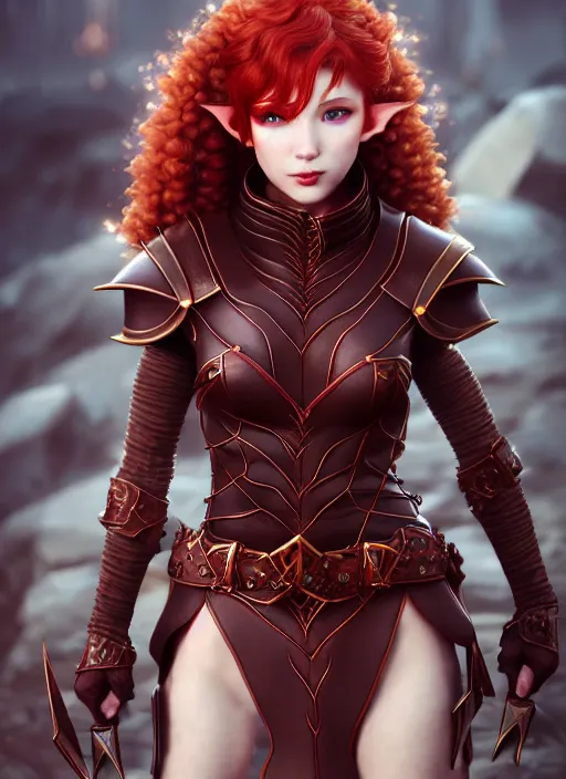 Image similar to leather armor!!! beautiful and elegant curly red hair female elf!! gorgeous ayes!! character concept art, sharp focus, octane render! unreal engine 5! highly rendered!! trending on artstation!! detailed linework!! illustration by artgerm, wlop, and chie yoshii