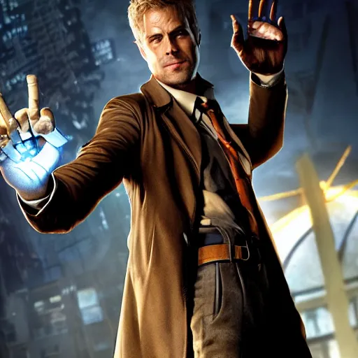 Prompt: a still on john constantine with the infinity gauntlet, award winning photo, unreal engine, highly detailed features