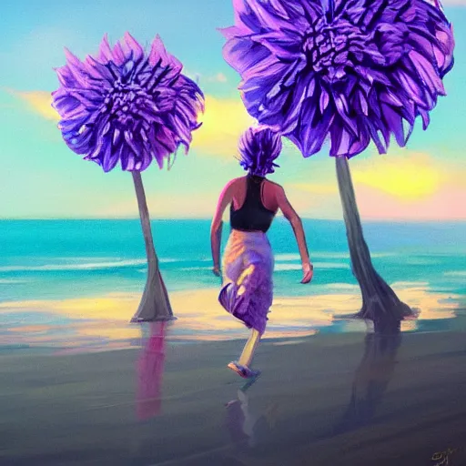 Image similar to portrait, giant purple dahlia flower head, woman running at the beach, surreal photography, sunrise, blue sky, dramatic light, impressionist painting, digital painting, artstation, simon stalenhag