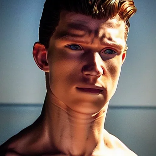 Image similar to “a realistic detailed photo of a guy who is an terminator, who is a male android, Tom Holland, shiny skin, posing like a statue, blank stare”